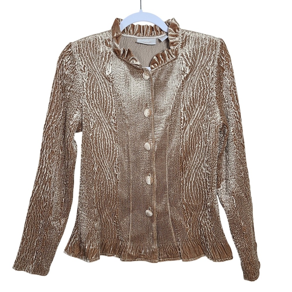 Chicos Gold Keily Crinkle Velvet Ruffled Jacket S Romantic Victorian Regencycore